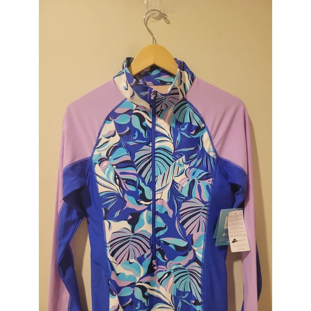 NWT Coolibar Alana Knee Length Long Sleeve Swimsuit Blue Tropical Size L UPF 50+